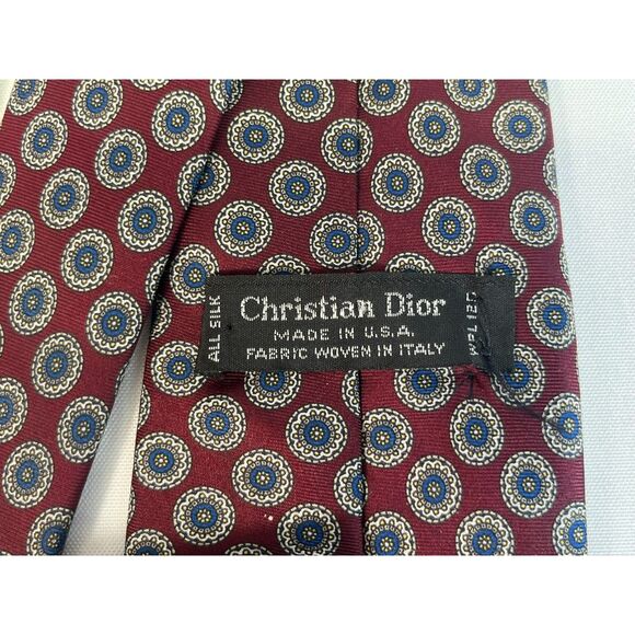 Christian Dior Maroon Gray Blue Geometric Circle 100 Silk Tie Italy Made in USA - Picture 5 of 6
